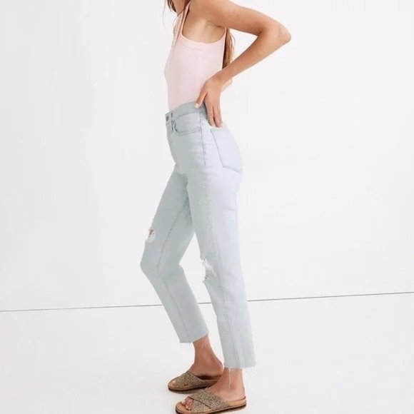 Madewell The Momjean Harman Wash High Rise Raw Hem Light Blue Distressed 28 - Picture 2 of 10